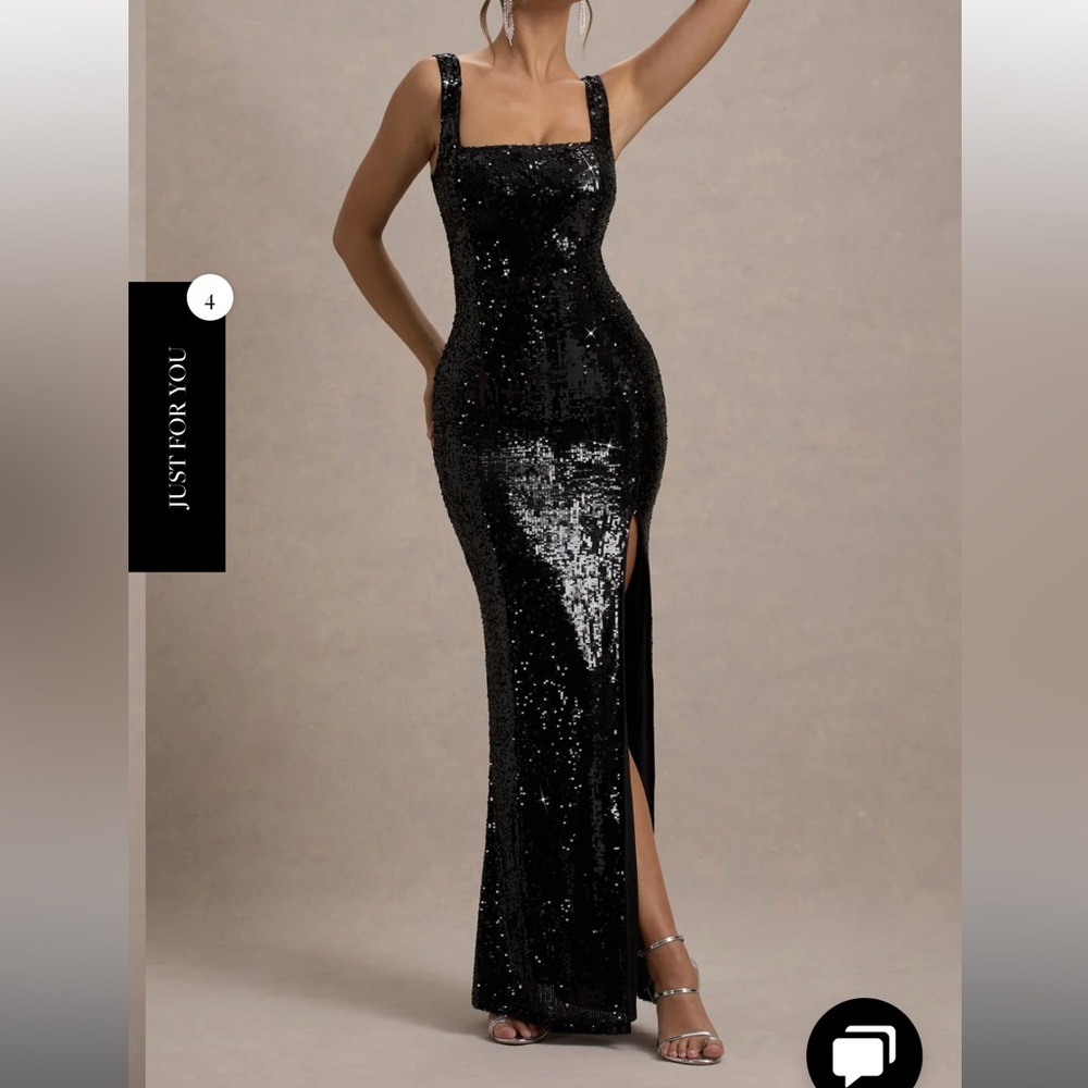 HIGH LIFE 
BLACK SEQUIN SQUARE NECK SPLIT FRONT MAXI DRESS from Club Llondon